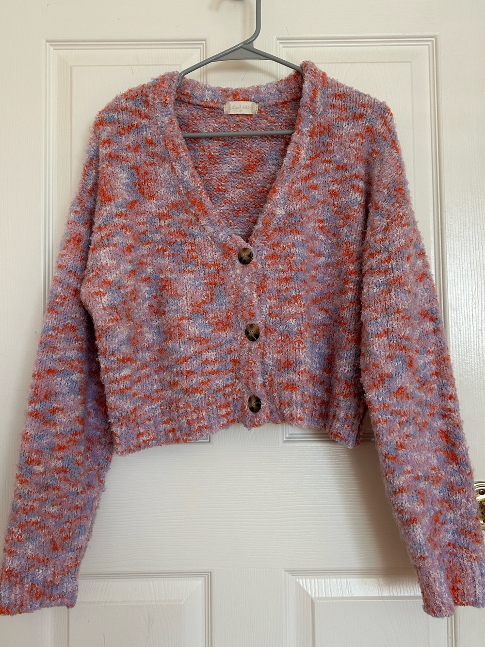 Altar'd State Lavender & Coral Speckled V-Neck Button Cardigan